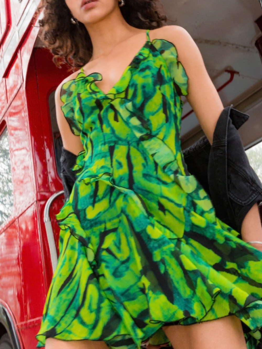 Topshop ruffle mini slip dress in green print